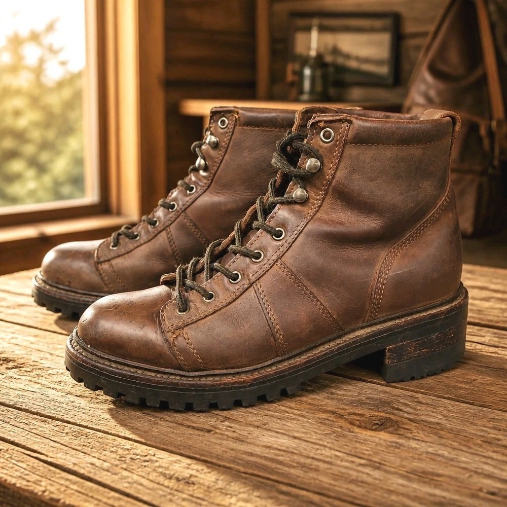 J Crew Brown Leather Lace Up Ankle Boots Mens 9.5 D Block Heel Lug Sole Workwear
